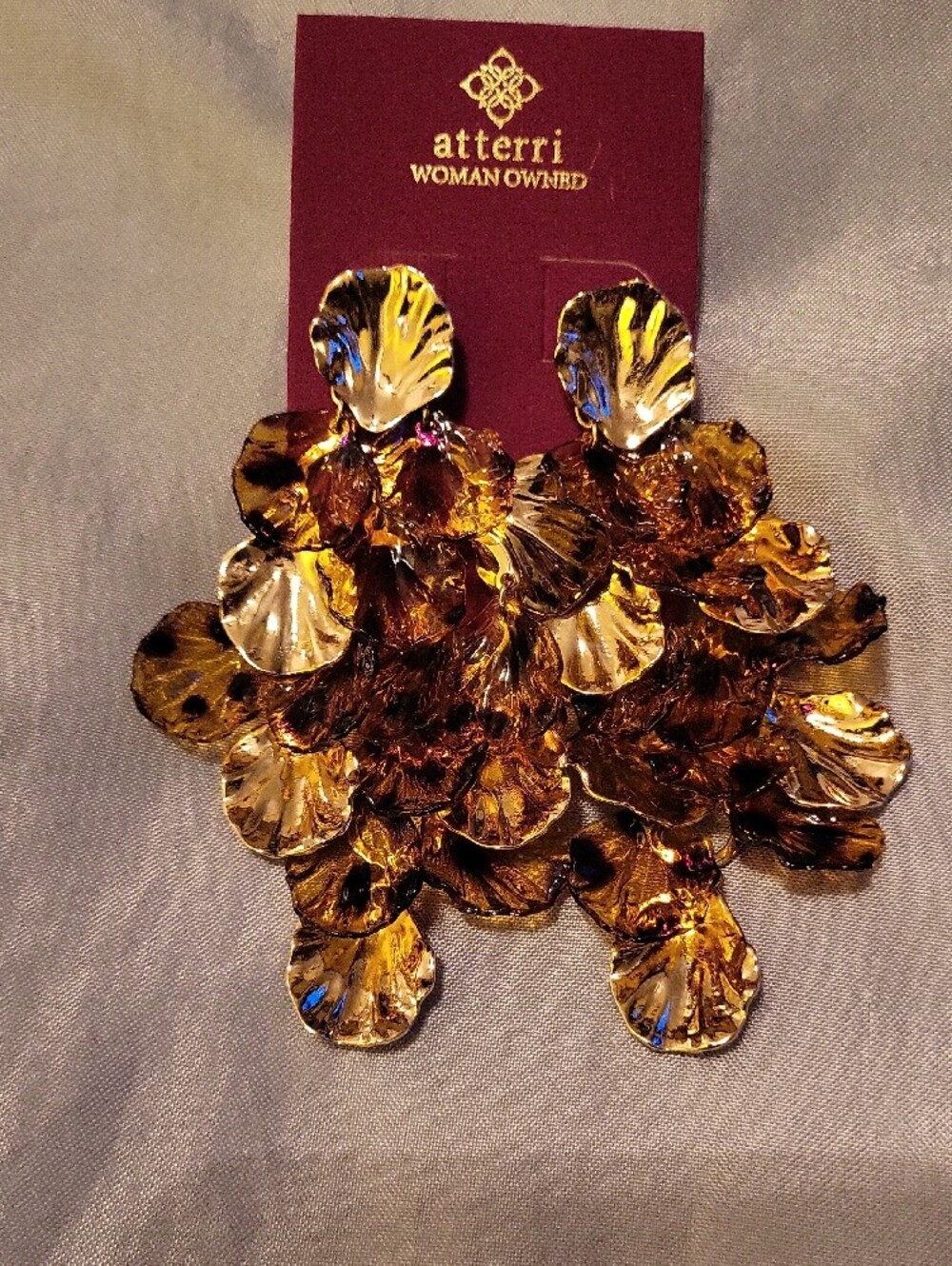 Atterri Gold Amber Floral Petal Statement Earrings TL